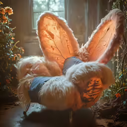 a girl is dressed like a fairy while on her lap, laying down