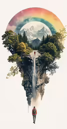 a man stands on a mountain with trees on the side as he looks at a waterfall in the mountains, where a rainbow is shown
