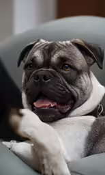 a dog laying on top of a gray couch
