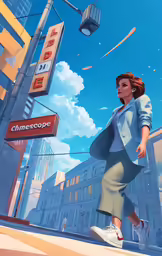 a female character is walking down the street, in front of a red umbrella
