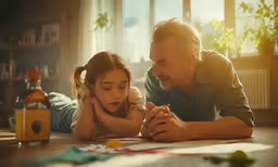 man helping a girl lay on the floor with a toy
