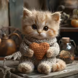a close up of a kitten wearing a knitted sweater,a small kitten sitting next to a heart on a table