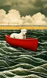 a dog is in a boat on top of some water,a dog riding in a red boat on the ocean