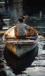 a lady sitting in the boat on the river