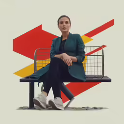 a woman sitting on top of a metal bench