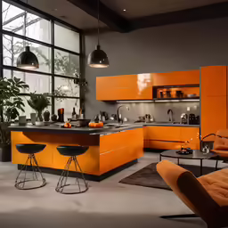 an orange and grey kitchen with stools and a table