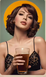 a woman in lingerie holding a glass of beer