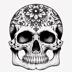 a black and white drawing of a skull with flowers on it