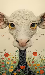 a painting of a cow is shown with flowers