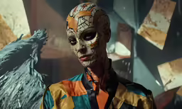 a man with his face painted like a bird
