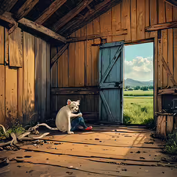 a white cat sitting inside of a barn,a cat sits in front of a doorway in an old barn