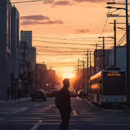 a person walks down the road at sunset