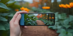 the camera operator takes a photo of a pathway in a garden