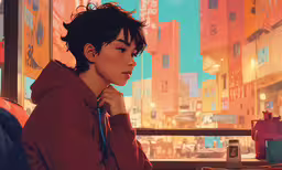 a boy with his head tilted with buildings in the background,a woman looking out a window with buildings in the background