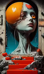 a painting depicting a woman with her face in the middle