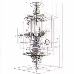 a mechanical sculpture is surrounded by other wire and artificial objects