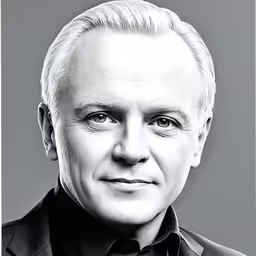 black and white photo of a man smiling