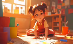 a little girl is on the floor surrounded by arts and crafts
