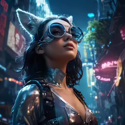 a woman in futuristic gear poses at night