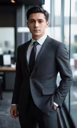 a man in suit and tie stands in an office