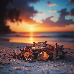 leaves litter the beach as the sun sets