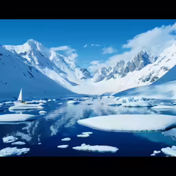 a sailboat is surrounded by icebergs and snow