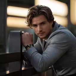 a man leaning against a bench next to his hand on the end of his hand