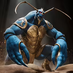 a blue and gold suit holding a claw
