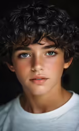 a man with curly hair and a t - shirt looks up