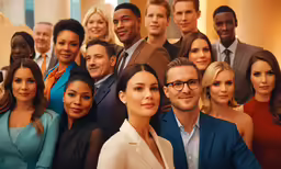 a crowd of young business people are posing for a group photo