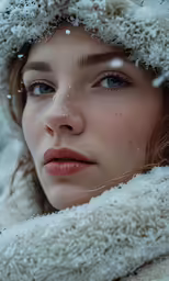 a beautiful woman wearing a white winter coat and hat