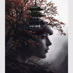 a black and white photo of a woman with a hat in front of trees