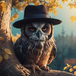 an owl is wearing a hat and sitting on the tree branch