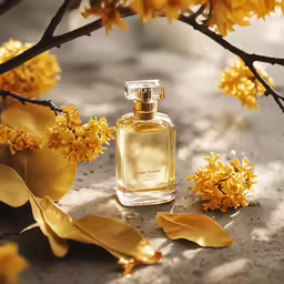 a bottle of perfume with flowers and leaves around it