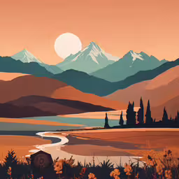 the sun sets in the mountain ranges with a river flowing by,this is a colorful view of a river surrounded by mountains