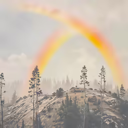 a bright rainbow of fire is captured over the mountain