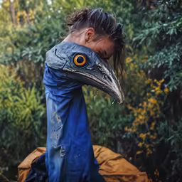 a close up of a person with a bird mask