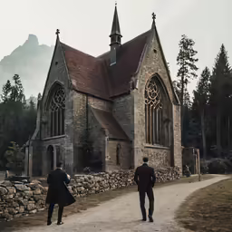 two men in suits walking toward a church