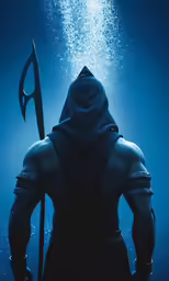 a man with a spear and a hooded sweatshirt standing in the water