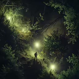 a man walking alone through the forest with lots of bright lights