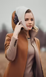 the girl in the brown coat is on the phone