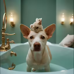 a white and brown dog with a cat on his head in a blue bathtub