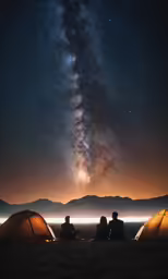 two people sitting at a campfire under a night sky