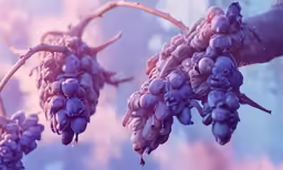 bunches of grapes hang off the branches of an orchid
