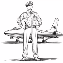 an outlined man in uniform standing in front of an airplane