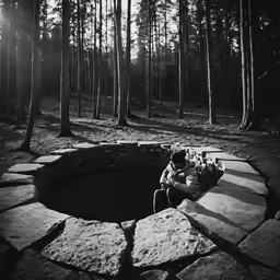 a teddy bear sits on top of a stone bench