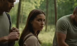 three people standing in the woods, one with a backpack