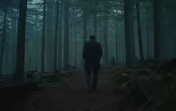 a man stands alone in a dark forest