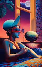 a painting of a woman in sunglasses looking out the window,a man is sitting in bed with a butterfly