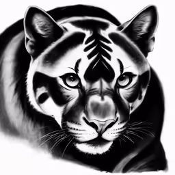 a black and white tiger in front of a white background